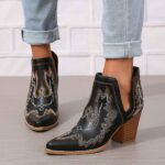 Ankle Boots 2026 Spring Foreign Trade Collection: Plus-Size Retro Women's Footwear—Black Embroidered Wedge Leather Boots