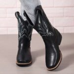 Tall Boots New Autumn/Winter Collection: Western-Style Plus-Size Mid-Calf Boots with Chunky Heels and Embroidery