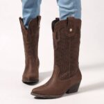 Tall Boots Women's Leather Boots — New Autumn/Winter Collection: Western-Style Retro, Chunky-Heel Leather Boots (Plus Sizes Available)