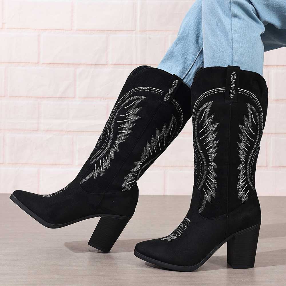 Tall Boots 2026 Autumn New Arrival: Vintage-Style Embroidered Western Cowboy Boots — Pointed Toe, Mid-Heel, Knee-High, and Suede-Effect Finish