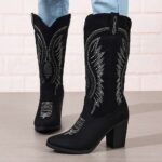 Tall Boots 2026 Autumn New Arrival: Vintage-Style Embroidered Western Cowboy Boots — Pointed Toe, Mid-Heel, Knee-High, and Suede-Effect Finish