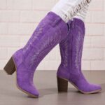 Tall Boots 2026 Autumn New Arrival: Vintage-Style Embroidered Western Cowboy Boots — Pointed Toe, Mid-Heel, Knee-High, and Suede-Effect Finish