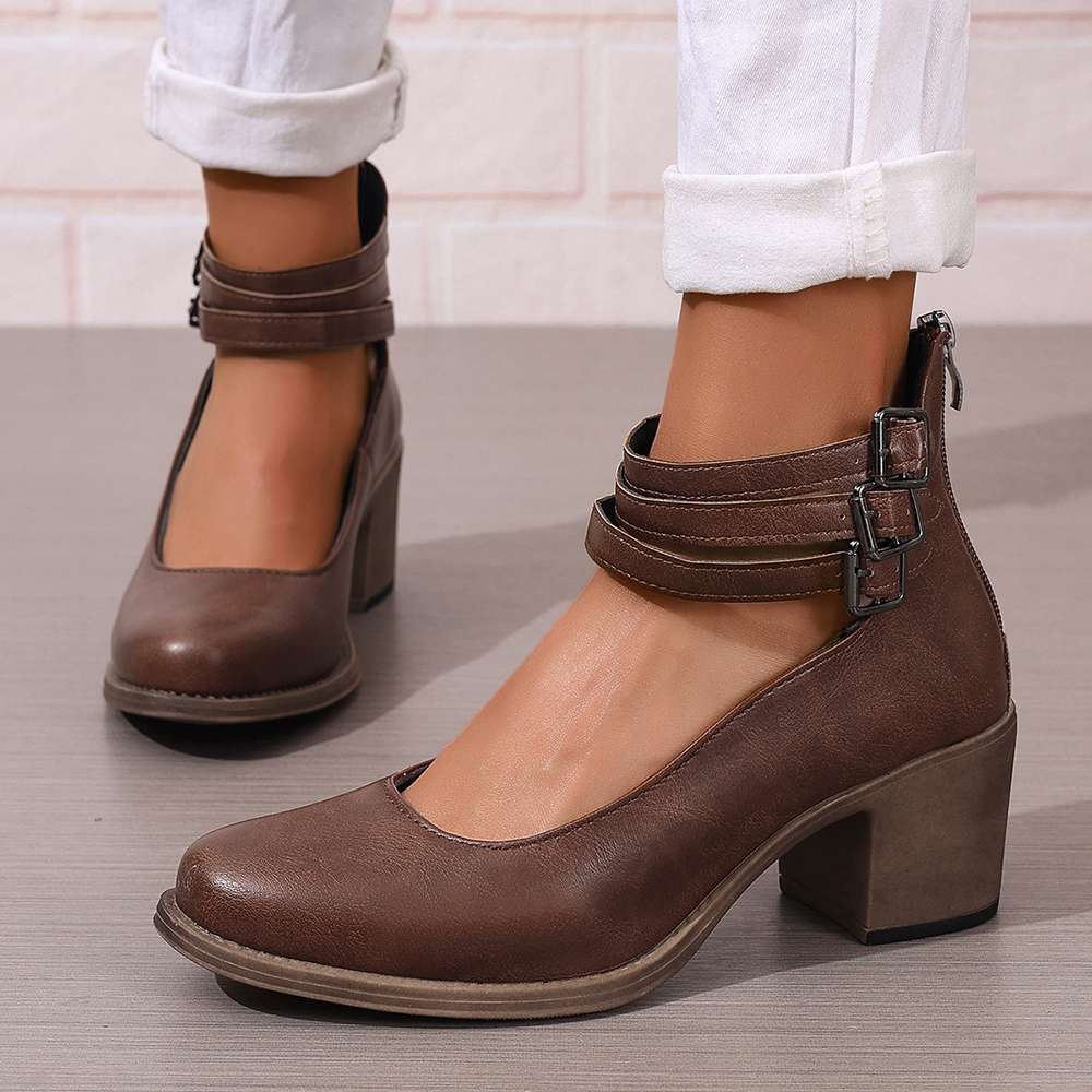 Sandals Amazon, Shopee, Independent Website - Retro Style Women's Shoes for European and American Exports, Sizes 36-42, Chunky Heel, Back Zipper Shoes