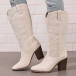 Tall Boots 2026 Autumn New Arrival: Vintage-Style Embroidered Western Cowboy Boots — Pointed Toe, Mid-Heel, Knee-High, and Suede-Effect Finish