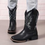 Tall Boots New Autumn/Winter Collection: Western-Style Plus-Size Mid-Calf Boots with Chunky Heels and Embroidery