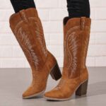 Tall Boots 2026 Autumn New Arrival: Vintage-Style Embroidered Western Cowboy Boots — Pointed Toe, Mid-Heel, Knee-High, and Suede-Effect Finish