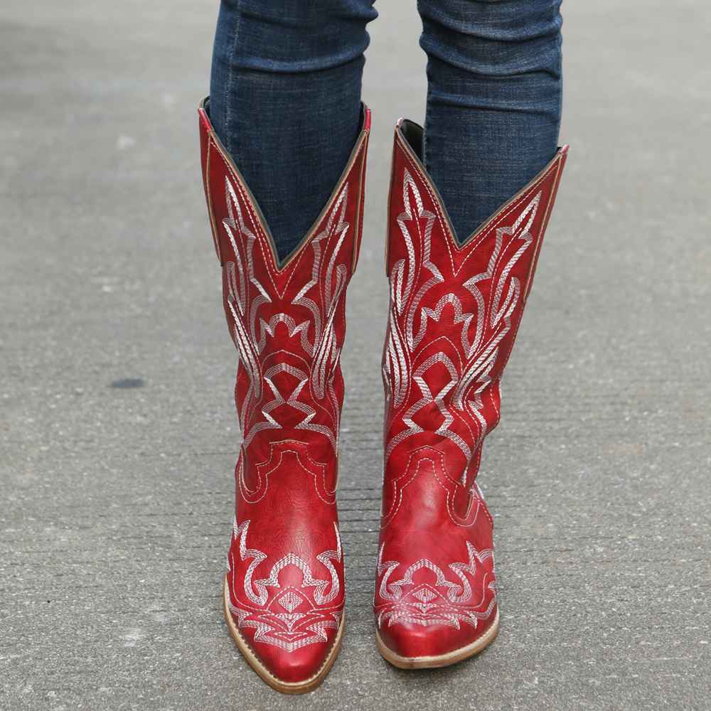 Tall Boots New Autumn/Winter Export Style Women's Footwear (Wish): Plus-Size, Embroidered, Pointed-Toe Leather Boots — Women's Knee-High Riding Boots