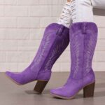 Tall Boots 2026 Autumn New Arrival: Vintage-Style Embroidered Western Cowboy Boots — Pointed Toe, Mid-Heel, Knee-High, and Suede-Effect Finish