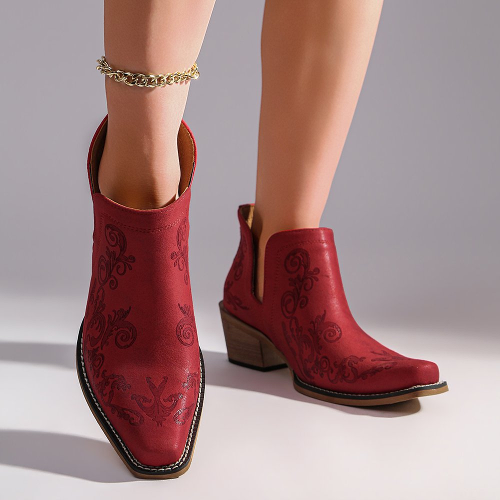 Ankle Boots 2026 Spring New Arrivals: Women's Embroidered Ankle Boots — Retro Ethnic Style, Block Heel, Western Cowboy-Style Footwear