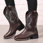 Tall Boots New Autumn/Winter Collection: Western-Style Plus-Size Mid-Calf Boots with Chunky Heels and Embroidery