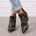 Ankle Boots 2026 Spring Foreign Trade Collection: Plus-Size Retro Women's Footwear—Black Embroidered Wedge Leather Boots