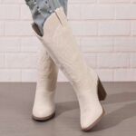 Tall Boots 2026 Autumn New Arrival: Vintage-Style Embroidered Western Cowboy Boots — Pointed Toe, Mid-Heel, Knee-High, and Suede-Effect Finish